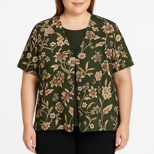 ALFRED DUNNER Floral Green Beige Button Front Short Sleeve Blouse 22W